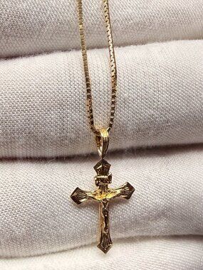 14K Yellow Gold Fancy Tiny Crucufix Pendant With 0.8mm Box Chain - 22 inch